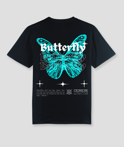 black shirt with butterfly techno