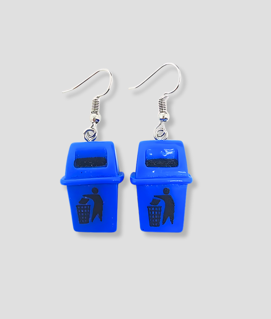 Blue trash can earrings
