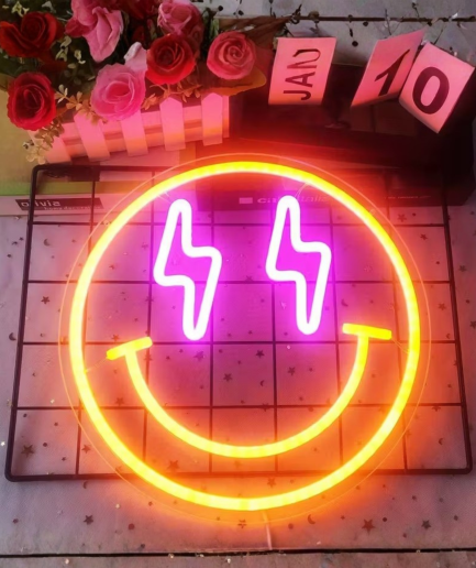 wall-mounted neon smiley