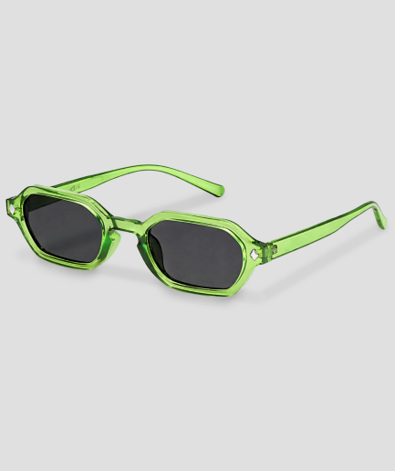 Green-framed glasses with black lenses