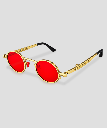 Red-lensed gold-framed glasses