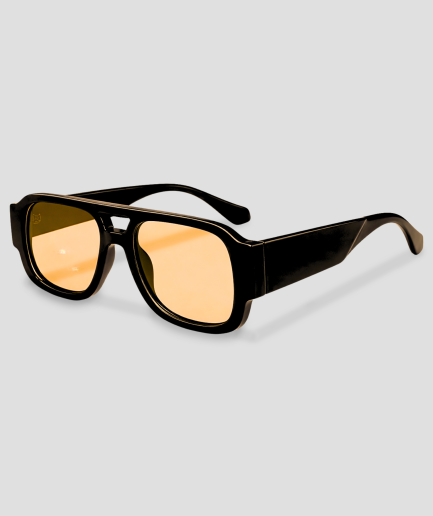 orange festival sunglasses with black frames