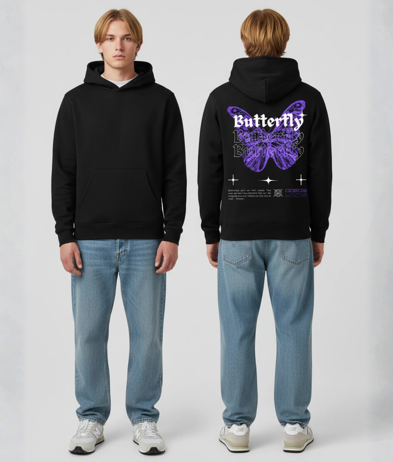Zwarte hoodie met paarse vlinder en Butterfly print op de rug