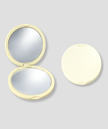 Gold compact makeup mirror (open and closed views) on a light gray background