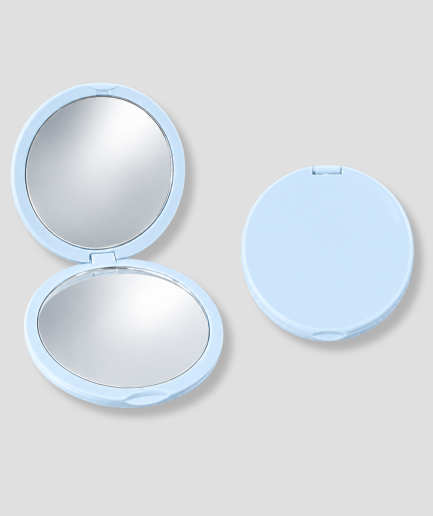 Light blue compact makeup mirror, open and closed views on a light gray background