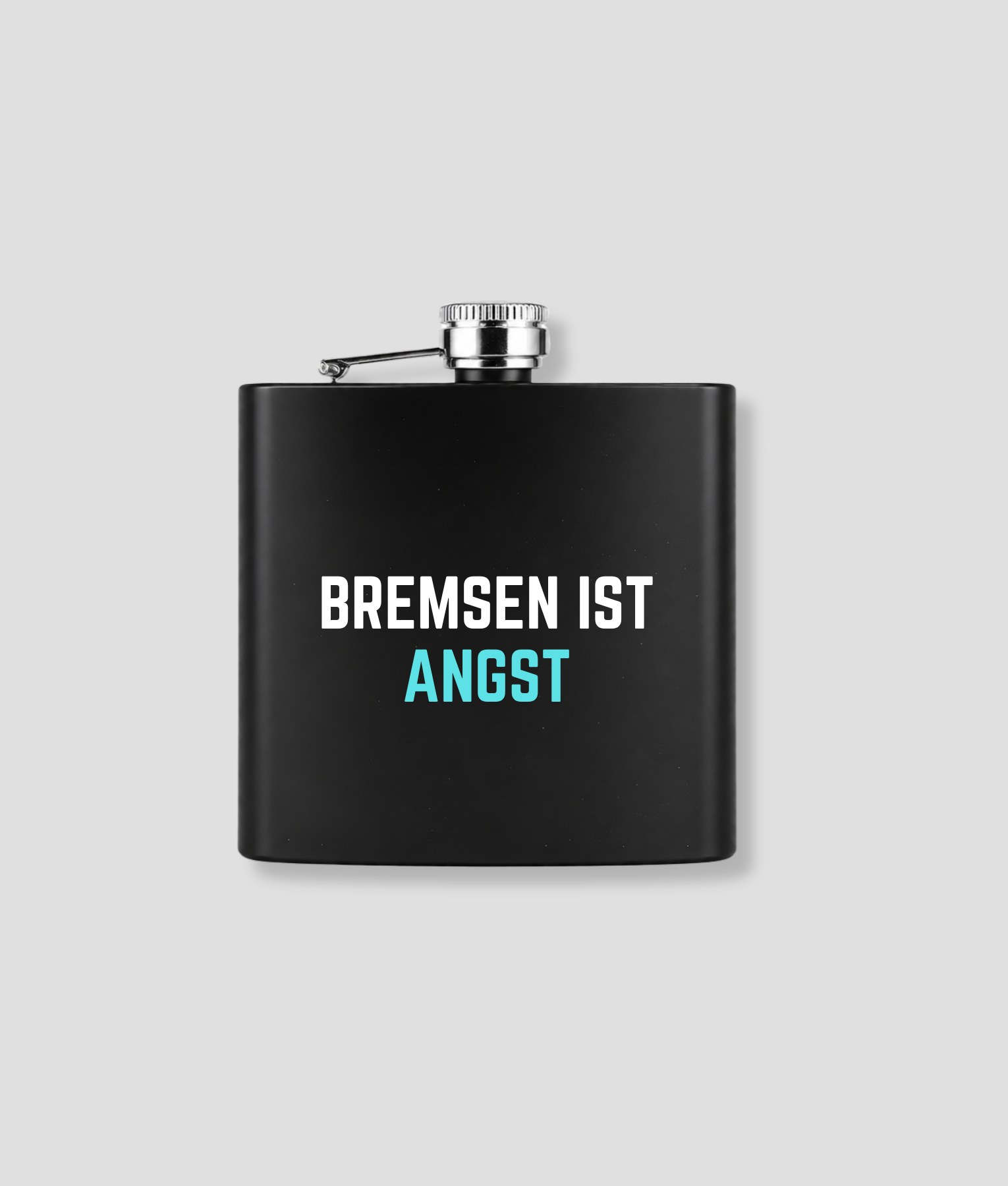 Zwarte zakfles met BREMSEN IST ANGST tekst in wit en cyaanblauw voor grappig Duits wintersport après-ski cadeau