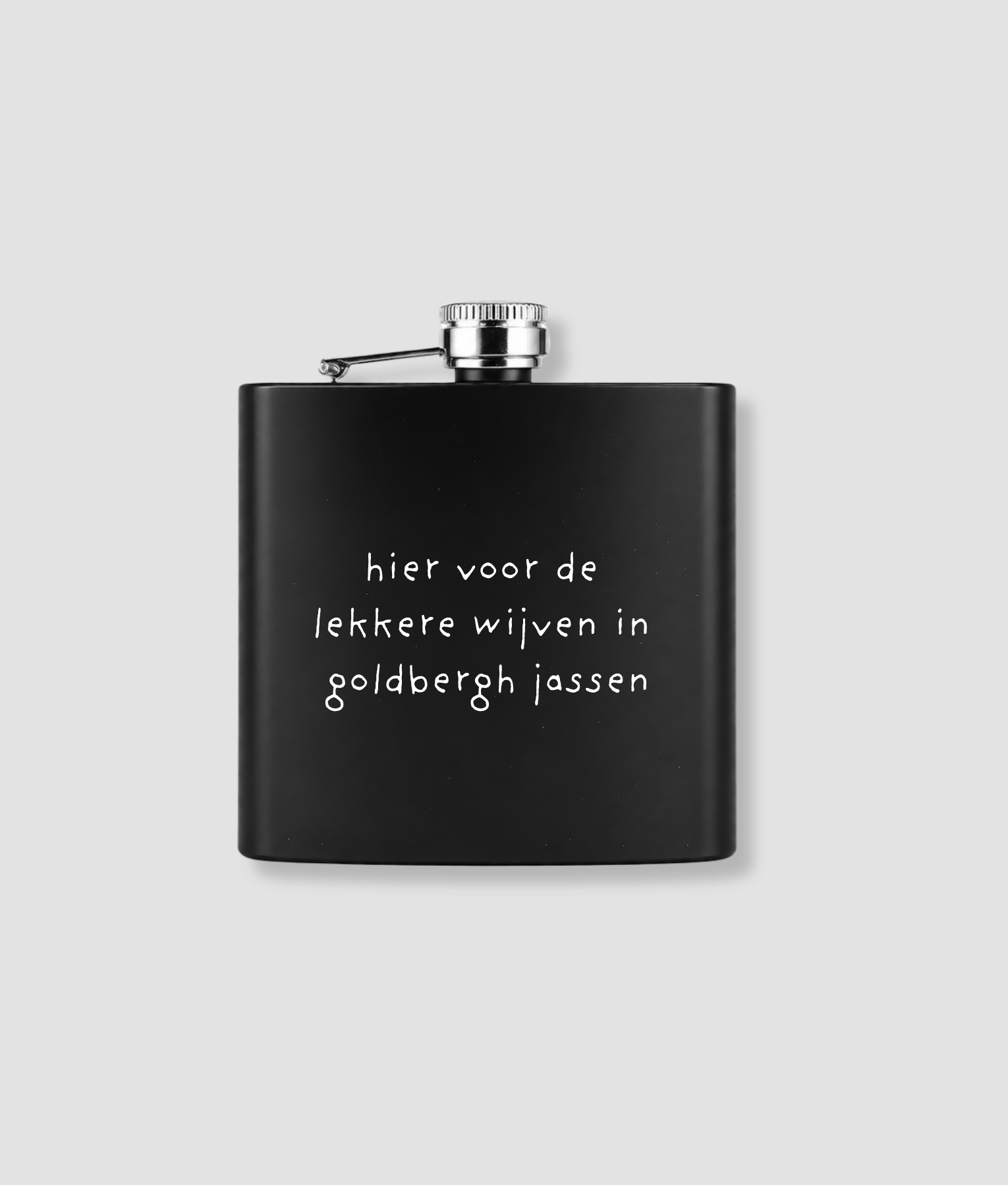 Zwarte zakfles met eigen tekst bedrukking