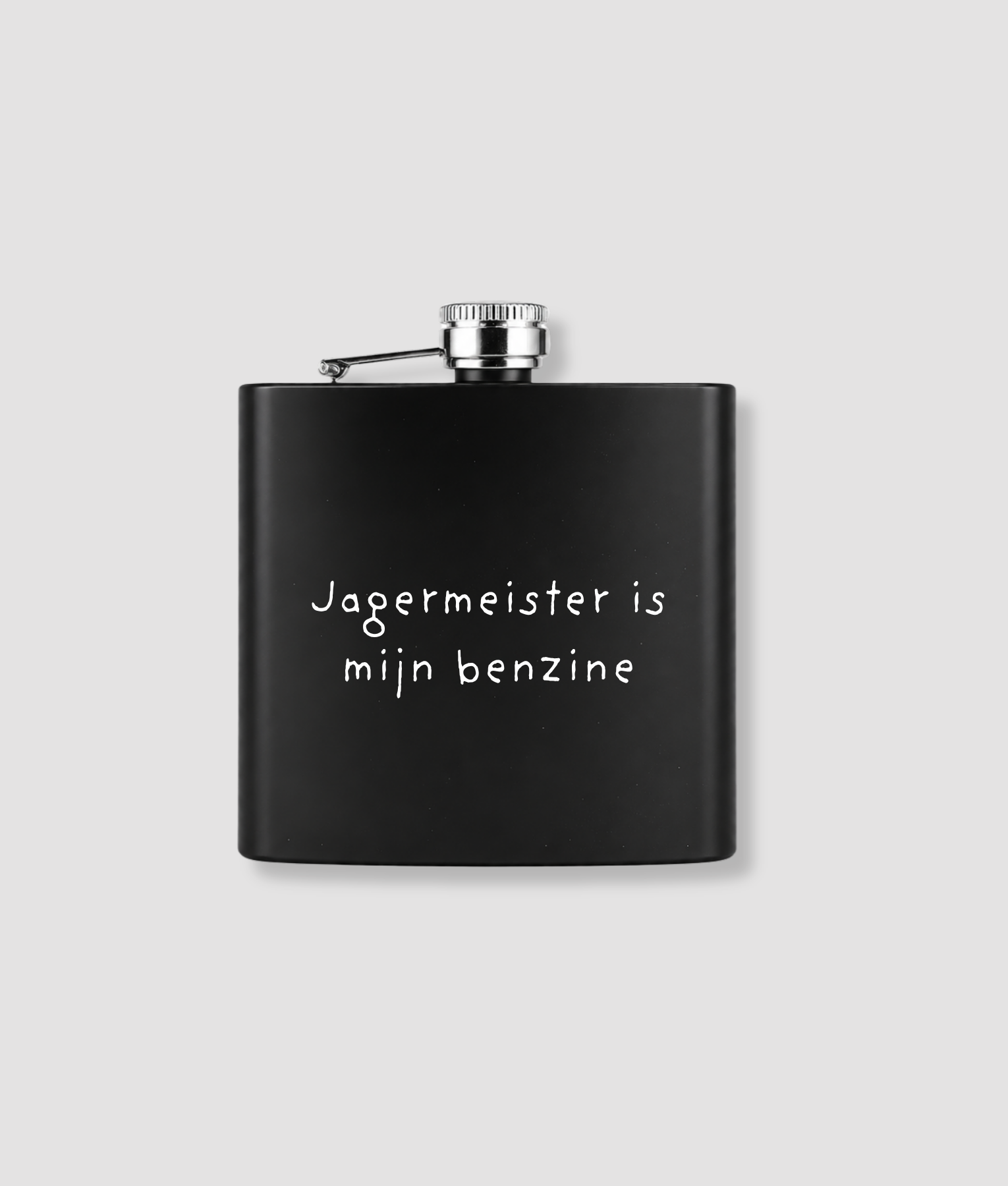 Zwarte zakfles met eigen tekst bedrukking