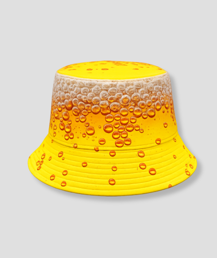 Gele bucket hat met bierprint