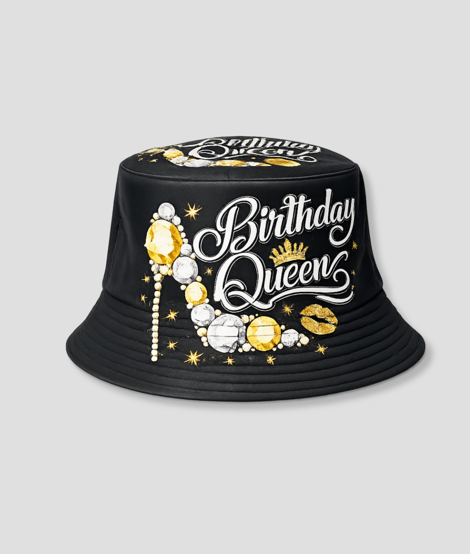 Zwart-gouden bucket hat met 'Birthday Queen' print