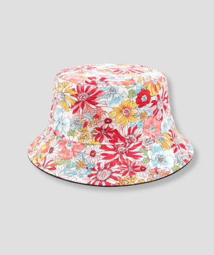 Witte bucket hat met kleurrijke bloemenprint in rood, geel en blauw