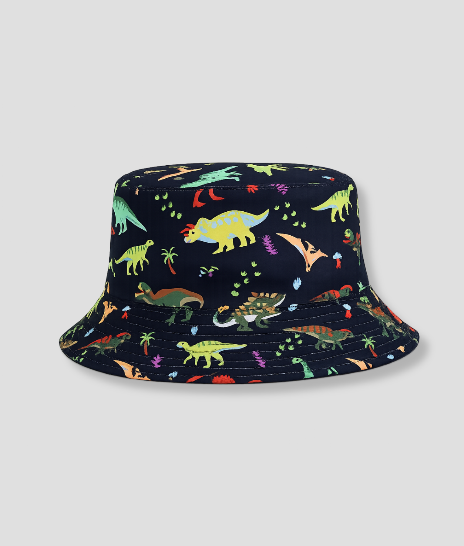 Zwarte bucket hat met kleurrijke print van dinosaurussen en palmbladeren
