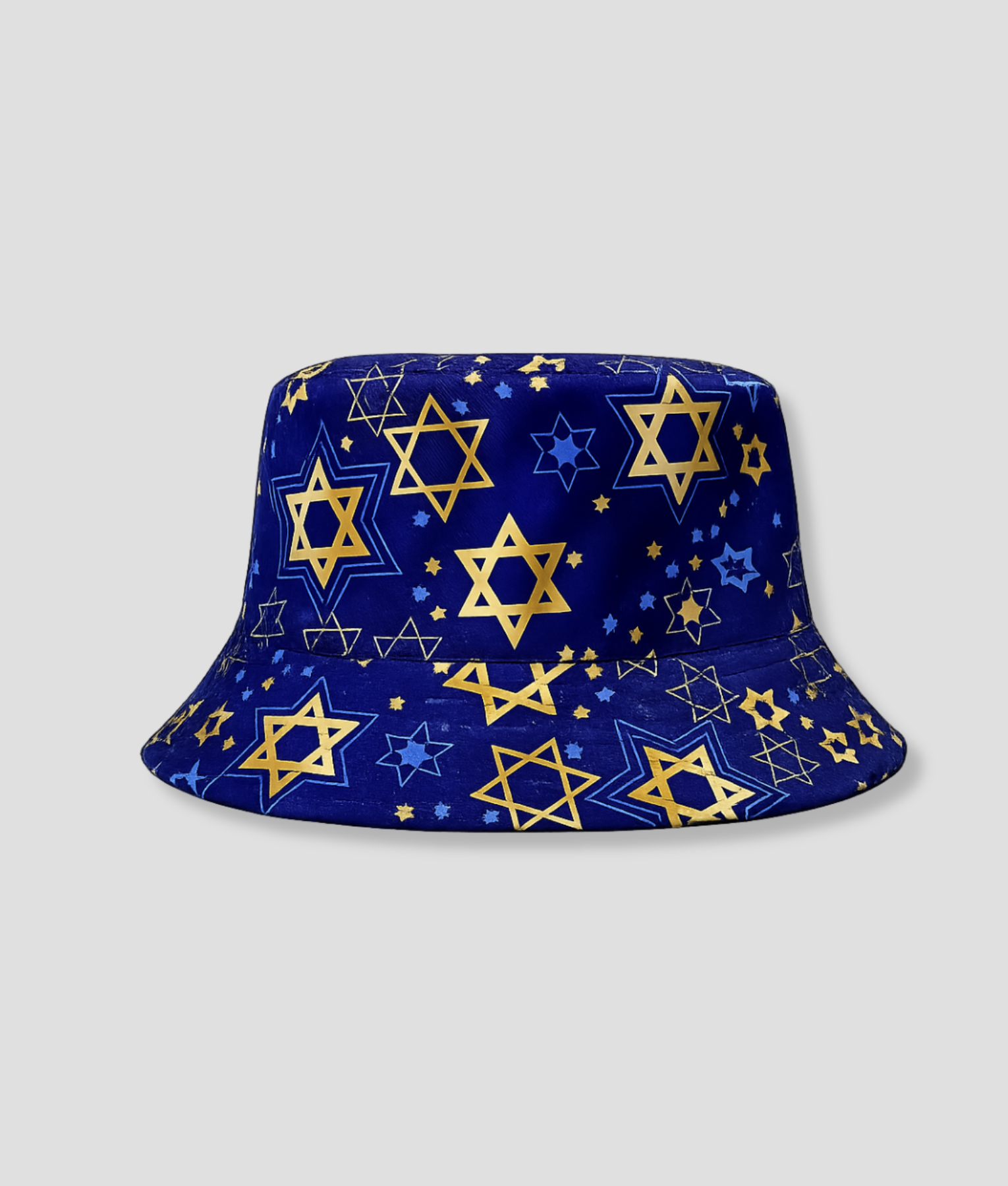Donkerblauwe bucket hat met print van gouden zespuntige sterren
