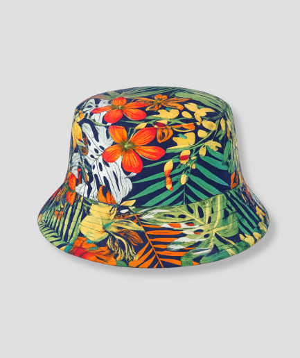 Donkerblauwe bucket hat met tropische bloemenprint