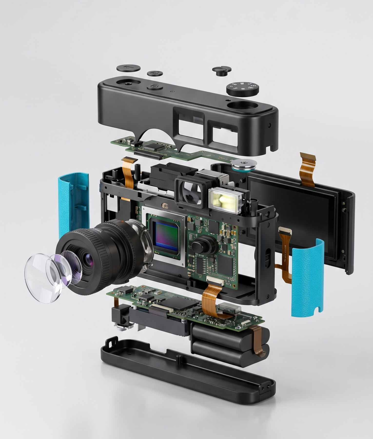 Binnenkant van de blauwe FestiSnap retro camera met sensor, lens en accu
