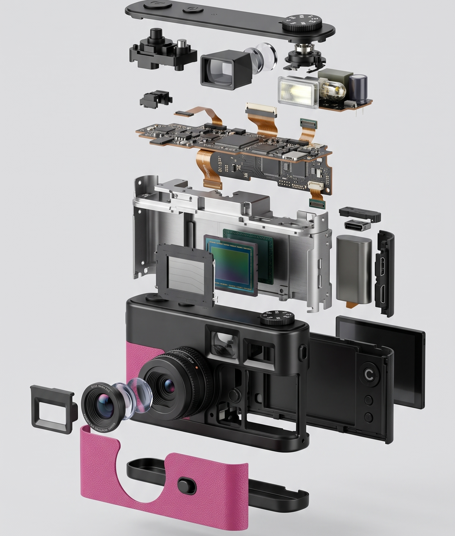 Binnenkant van de roze FestiSnap retro camera met sensor, lens en accu
