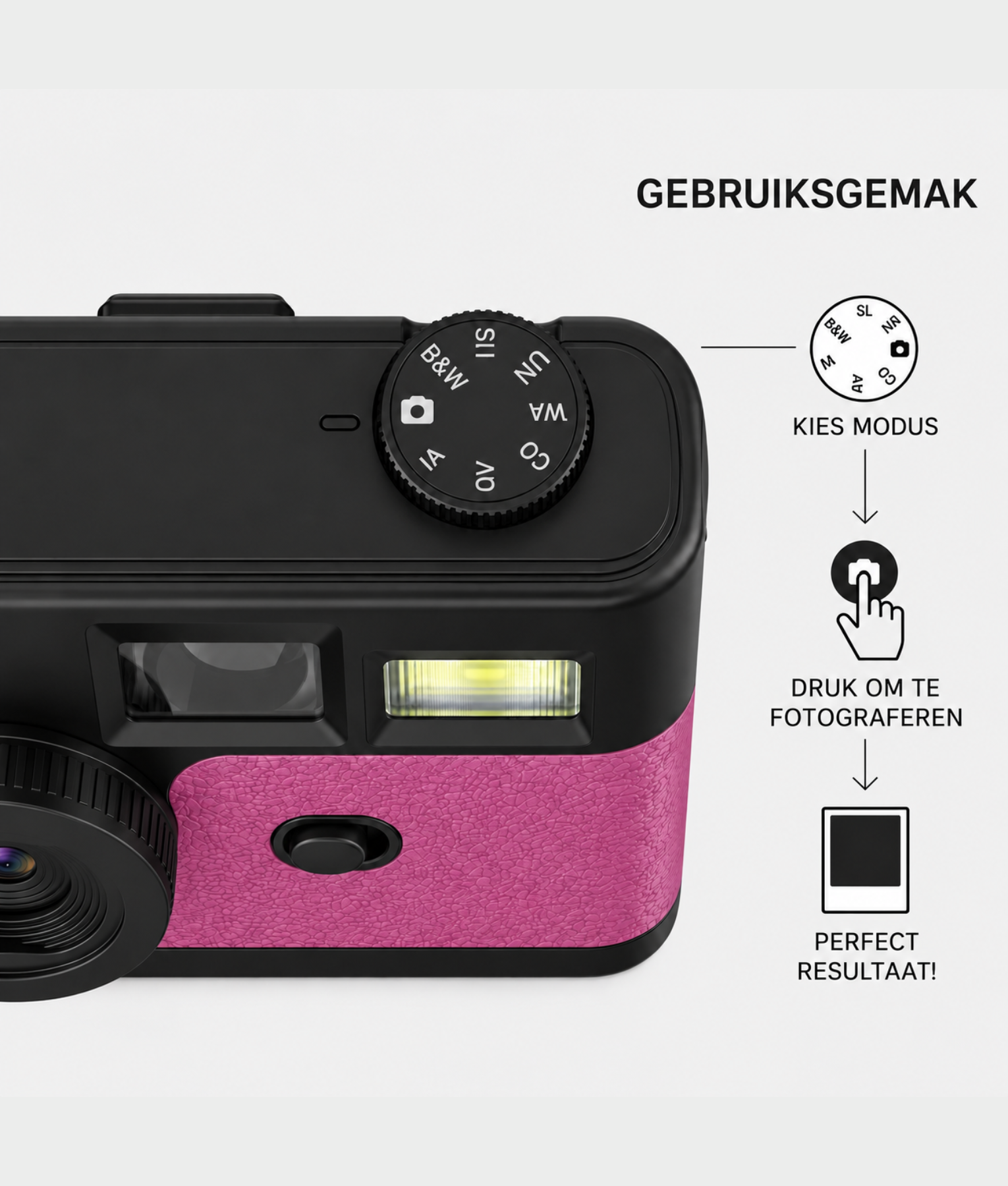 Roze FestiSnap retro camera met draaiknop voor de filters
