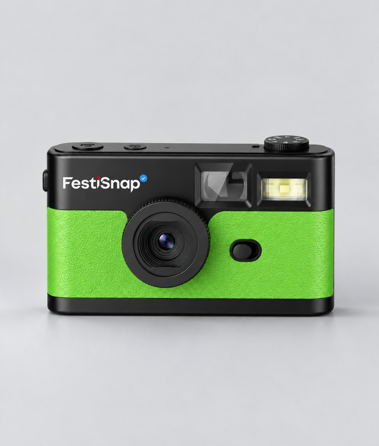 Groene FestiSnap retro camera van voren met lens, zoeker en flitser
