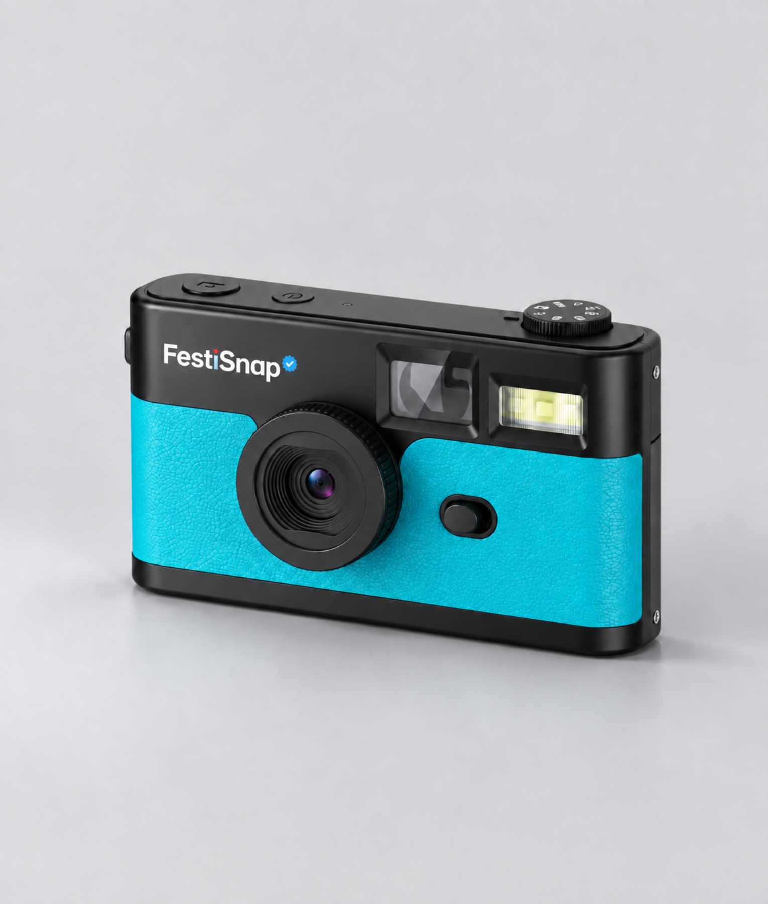 Blauwe FestiSnap retro camera schuin van voren