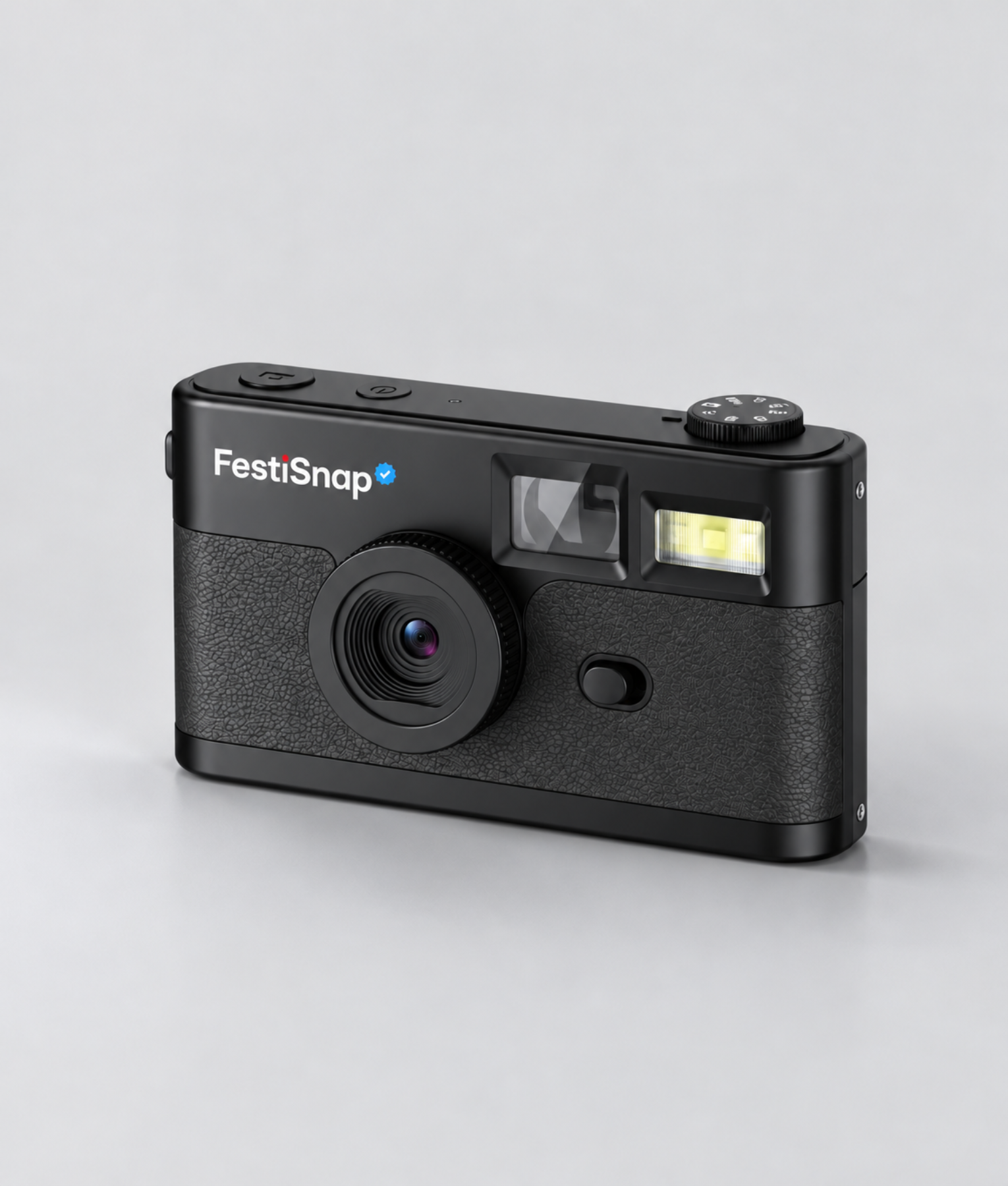 Zwarte FestiSnap retro camera schuin van voren