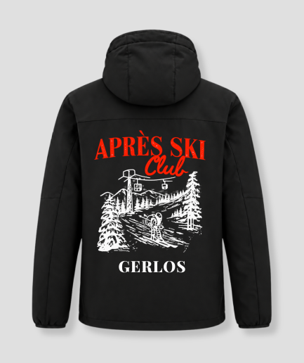 Après Ski Club winter jacket, black, with a print and the name "Gerlos" on the back