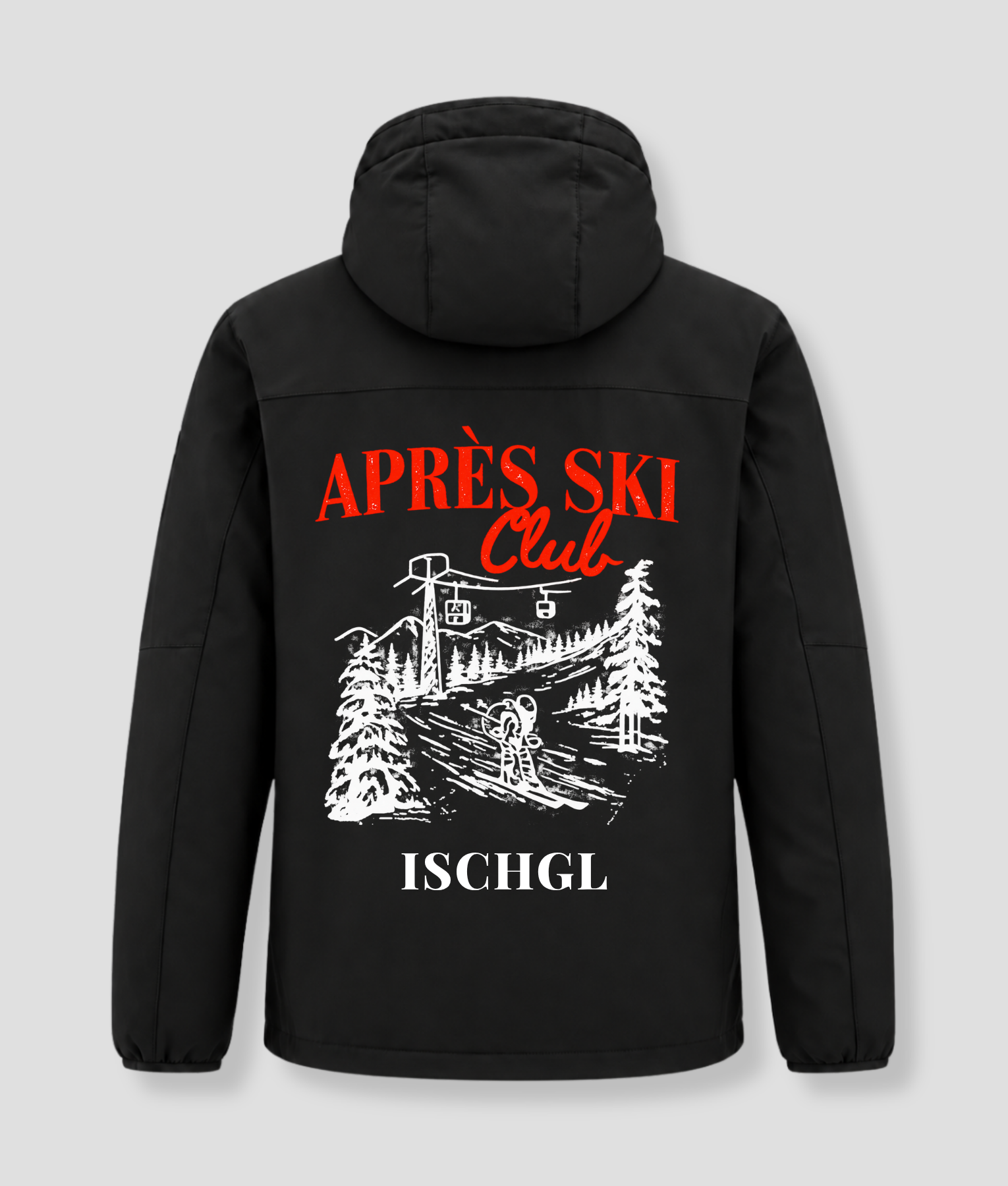 Après Ski Club winterjas zwart, achterkant met de print en de naam Ischgl