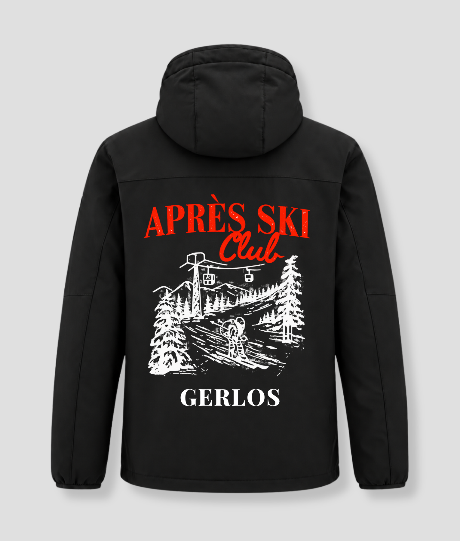 Après Ski Club winter jacket, black, with a print and the name "Gerlos" on the back