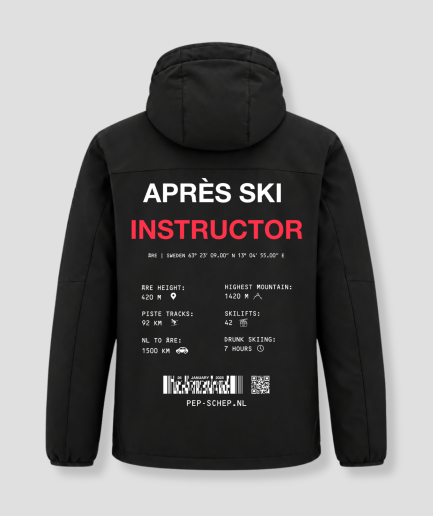 Après Ski Instructor winter coat, black, with details about Åre, Sweden on the back