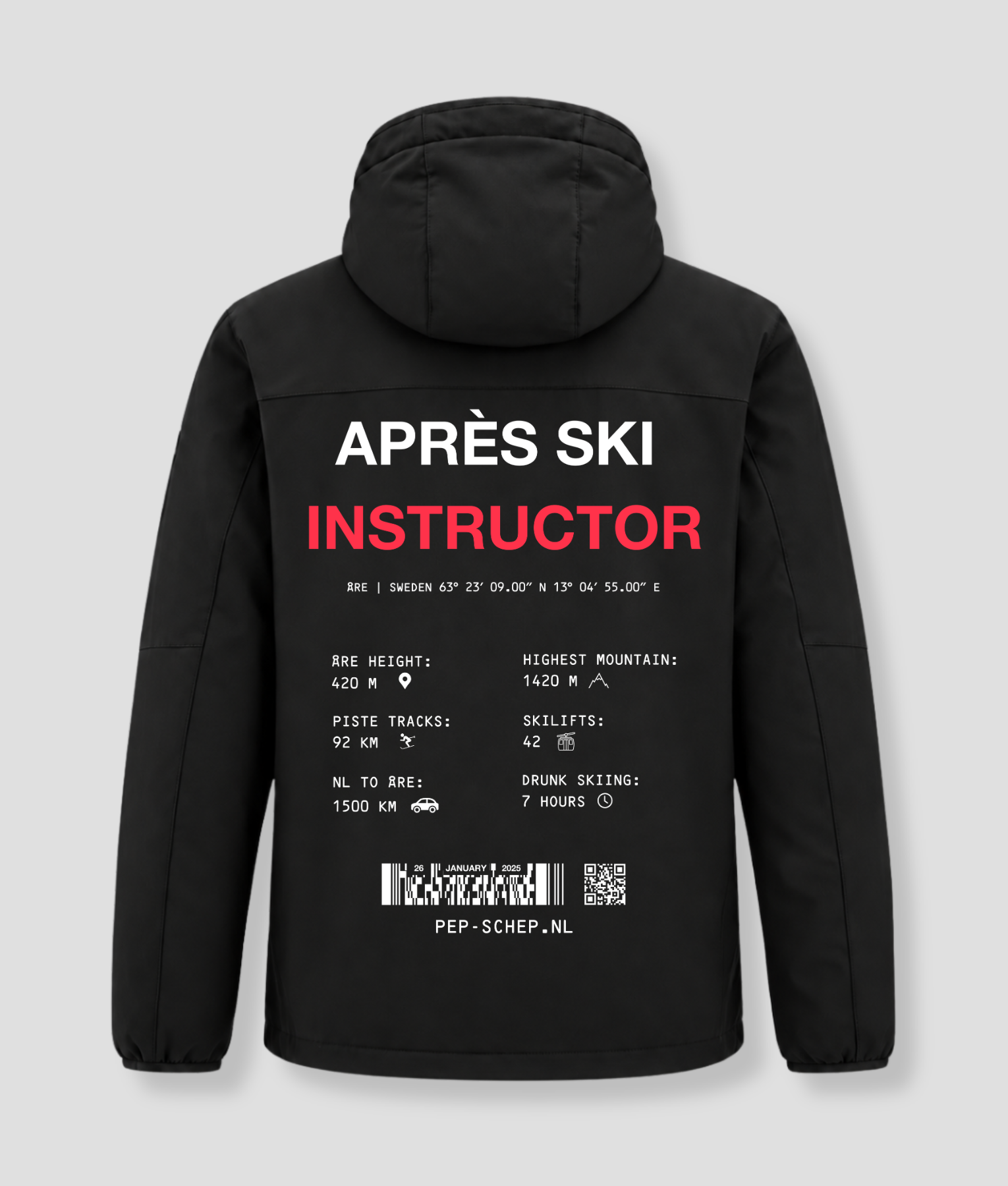 Après Ski Instructor winter coat, black, with details about Åre, Sweden on the back