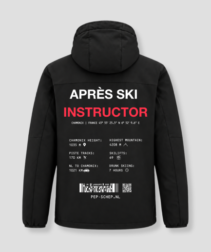 Après Ski Instructor winter jacket, black, with details about Chamonix, France on the back