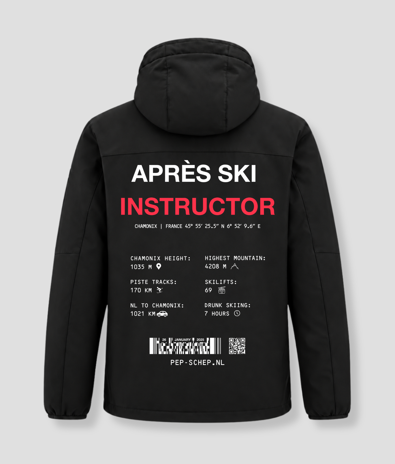 Après Ski Instructor winter jacket, black, with details about Chamonix, France on the back