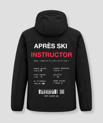 Après Ski Instructor winter coat, black, with Dardha, Albania, details on the back