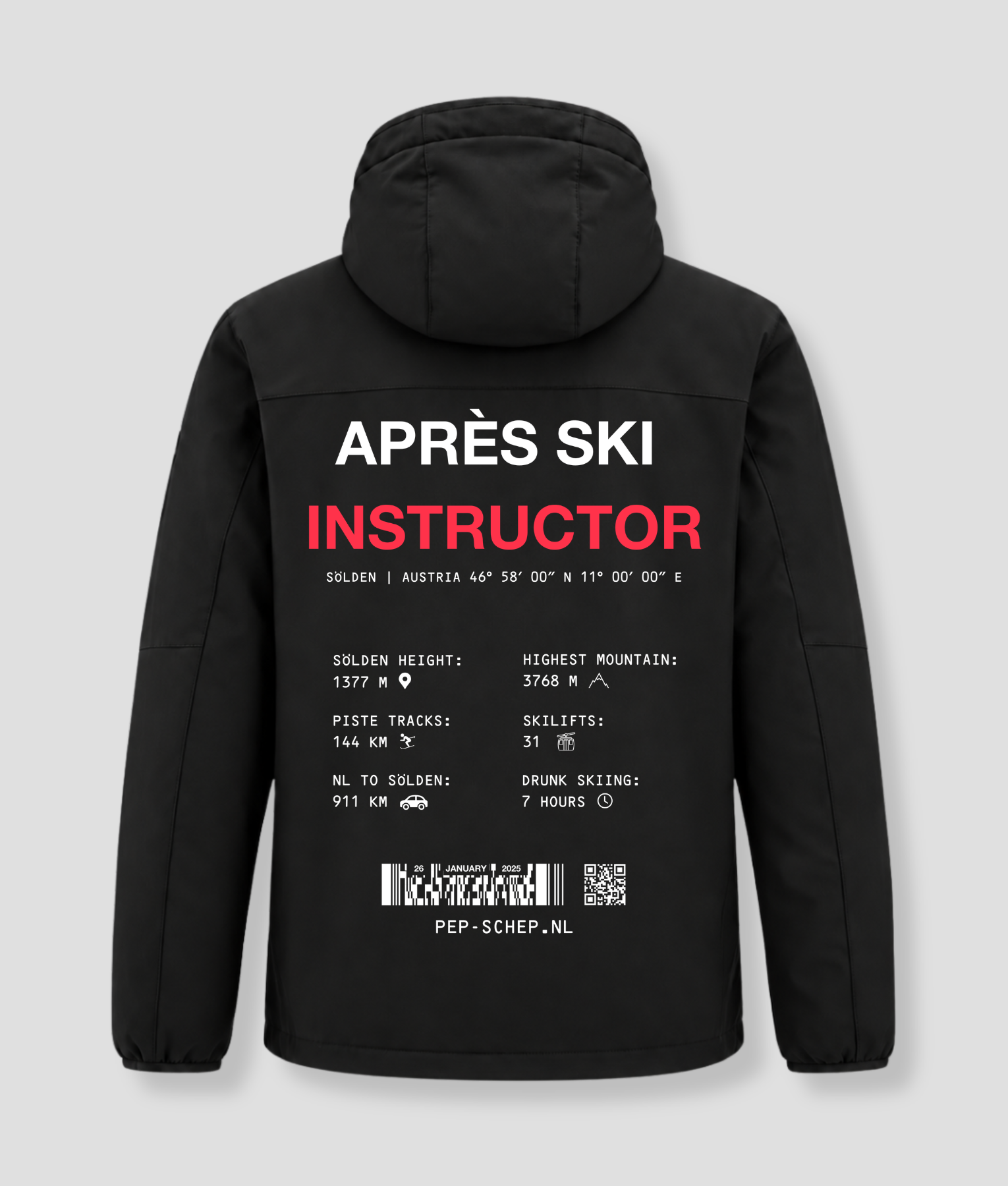 Après Ski Instructor winterjas zwart, achterkant met de gegevens van Sölden, Oostenrijk