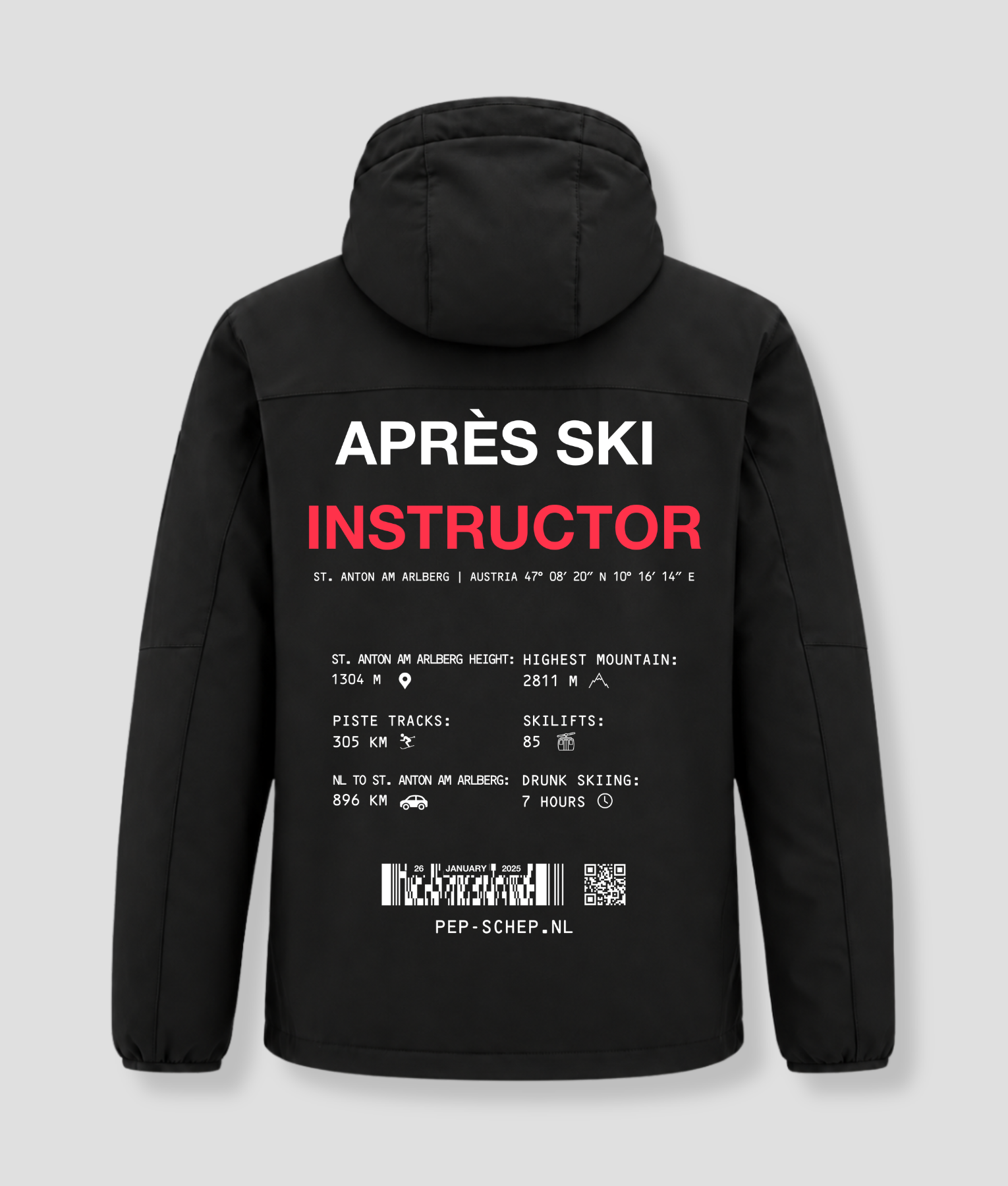 Après Ski Instructor winterjas zwart, achterkant met de gegevens van St. Anton am Arlberg, Oostenrijk