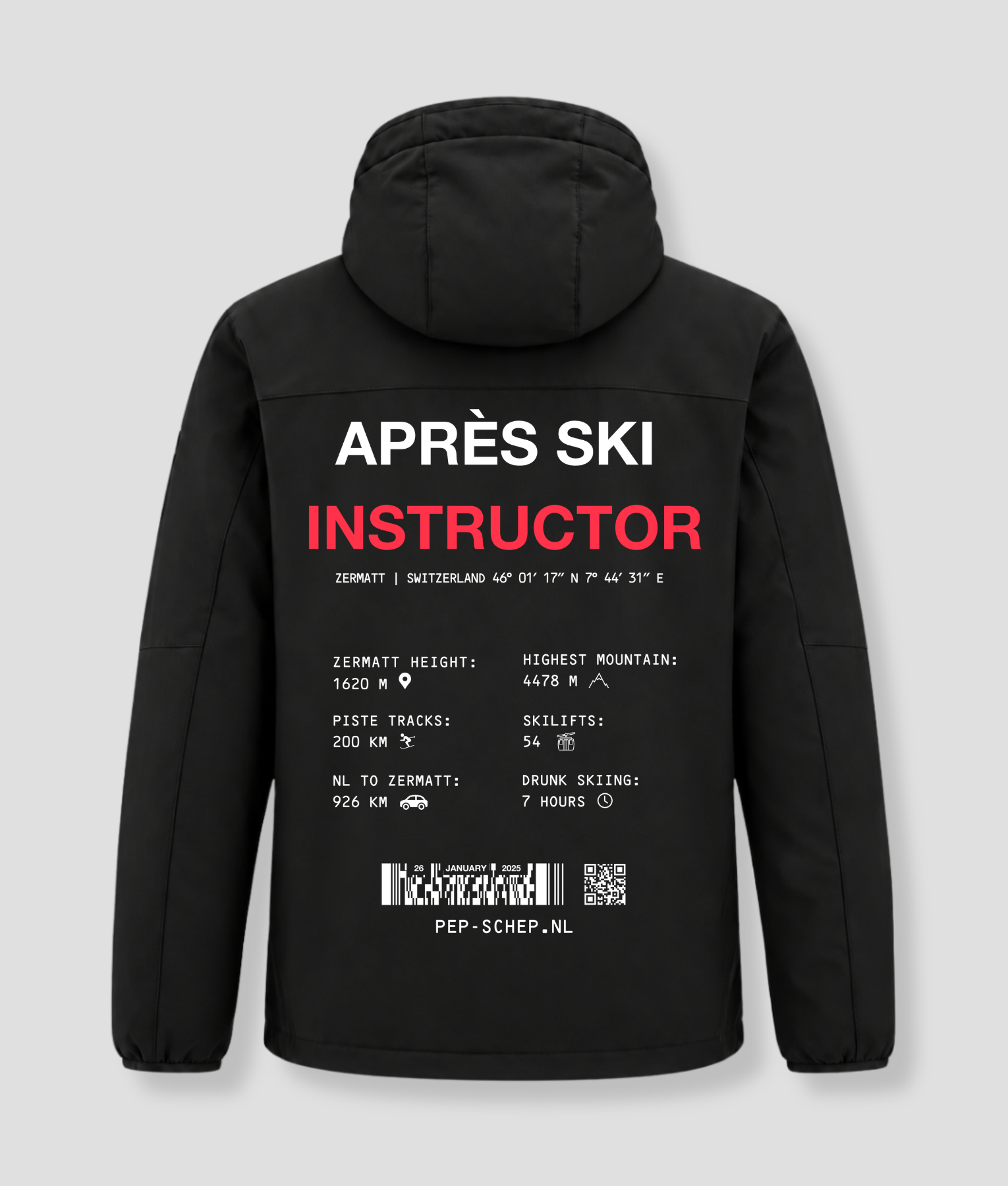 Après Ski Instructor winterjas zwart, achterkant met de gegevens van Zermatt, Zwitserland
