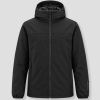 Black winter sports jacket, with a hood and zipper on the front, no print