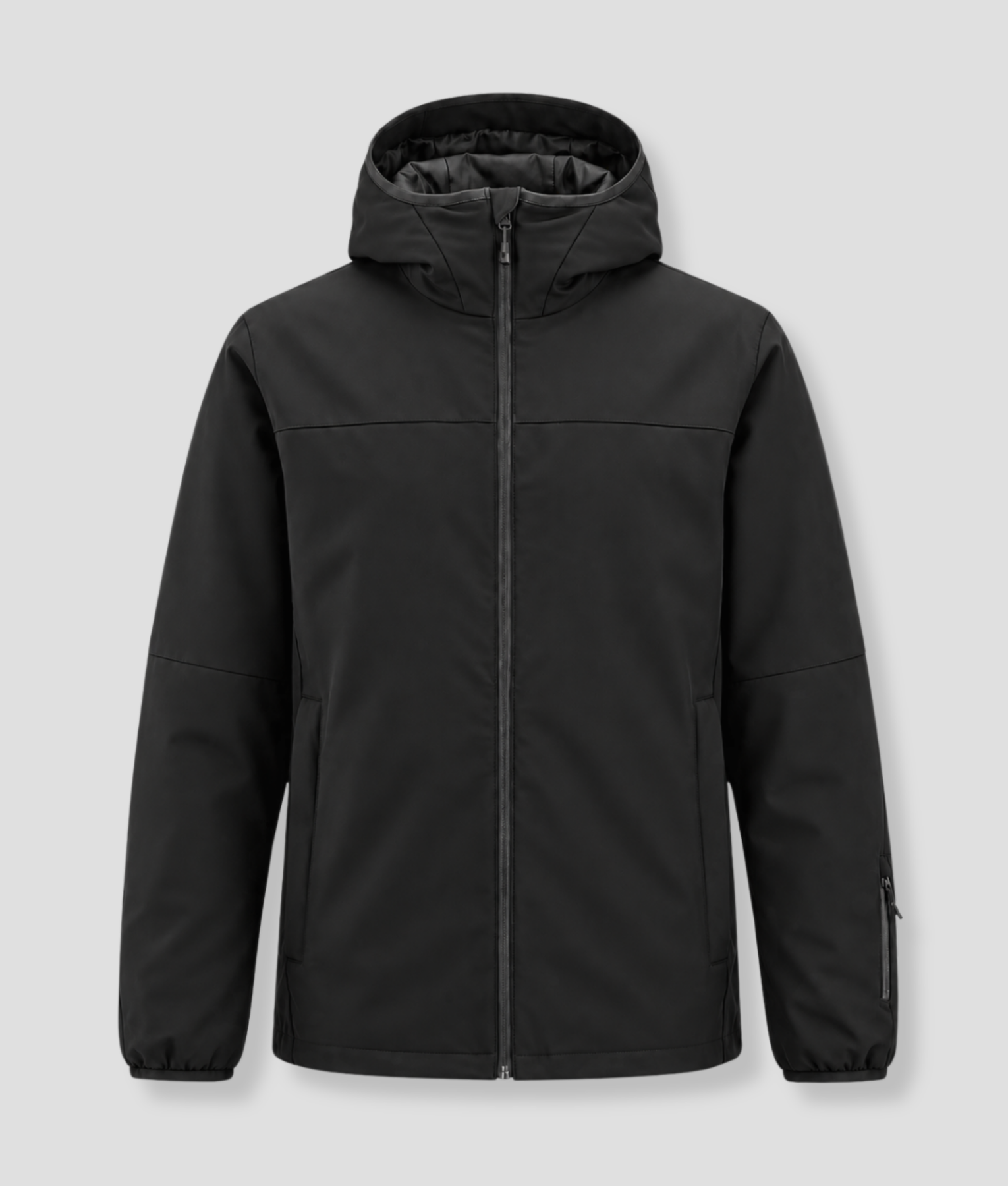 Black winter sports jacket, with a hood and zipper on the front, no print